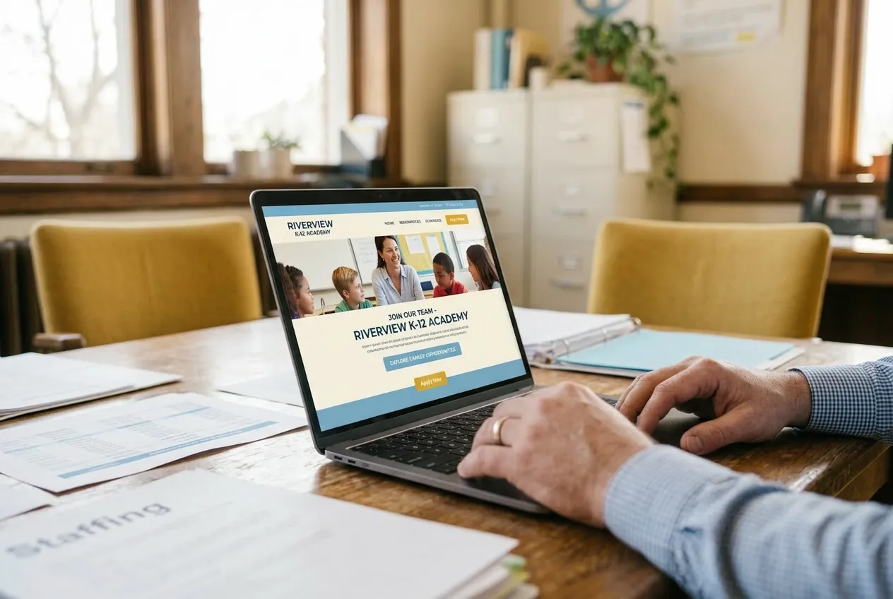 A laptop displaying a K-12 school recruitment hiring webpage on a desk
