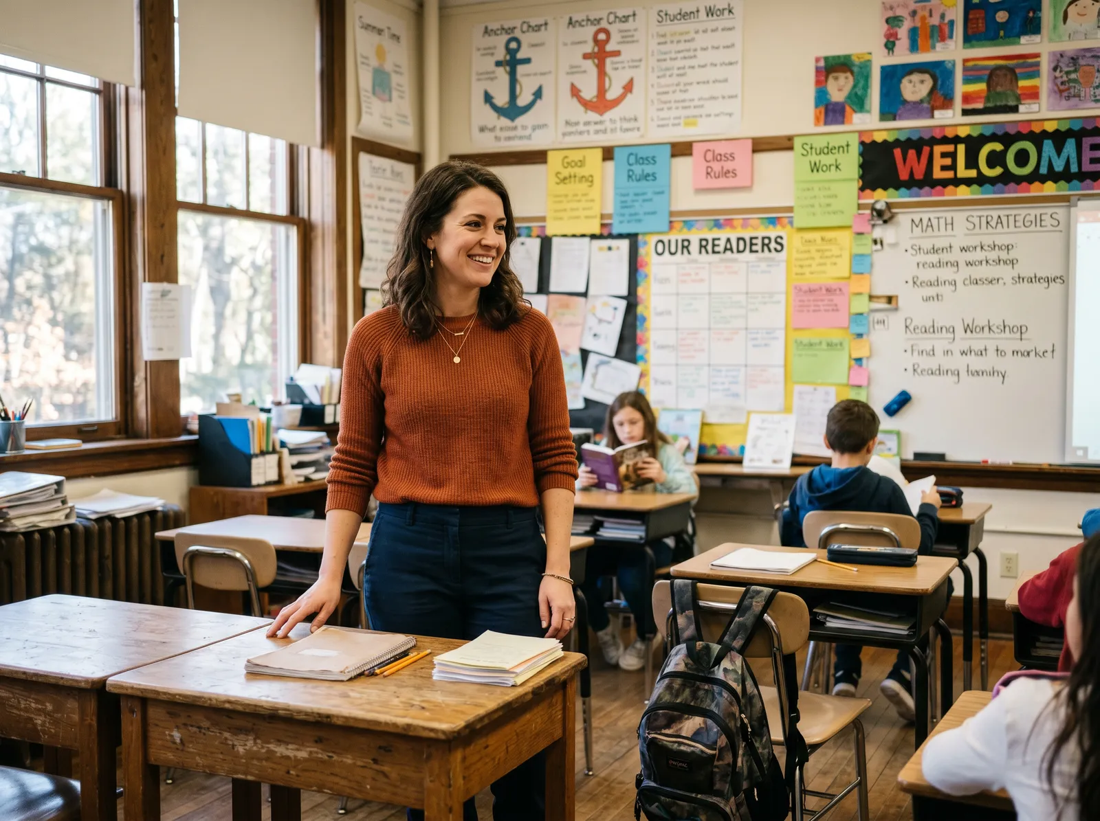A teacher in a bright K-12 classroom ready for the school year