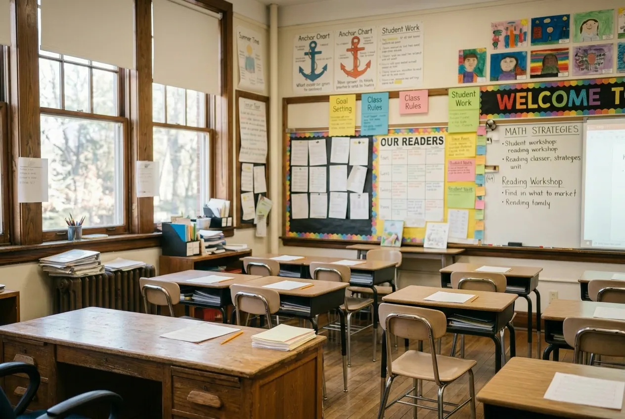 An empty K-12 classroom with desks and no teacher, conveying an unfilled vacancy