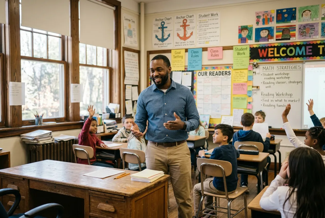 A K-12 teacher leading a lively, diverse classroom of students raising their hands