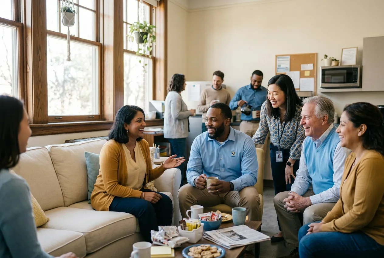 K-12 teachers and staff chatting warmly together in a school staff lounge