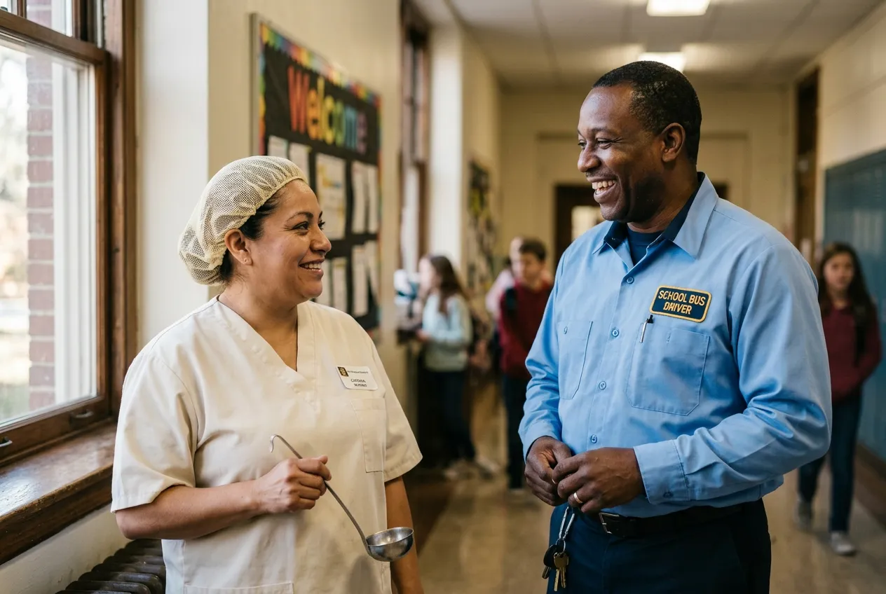 A school cafeteria worker and bus driver talking in a school hallway