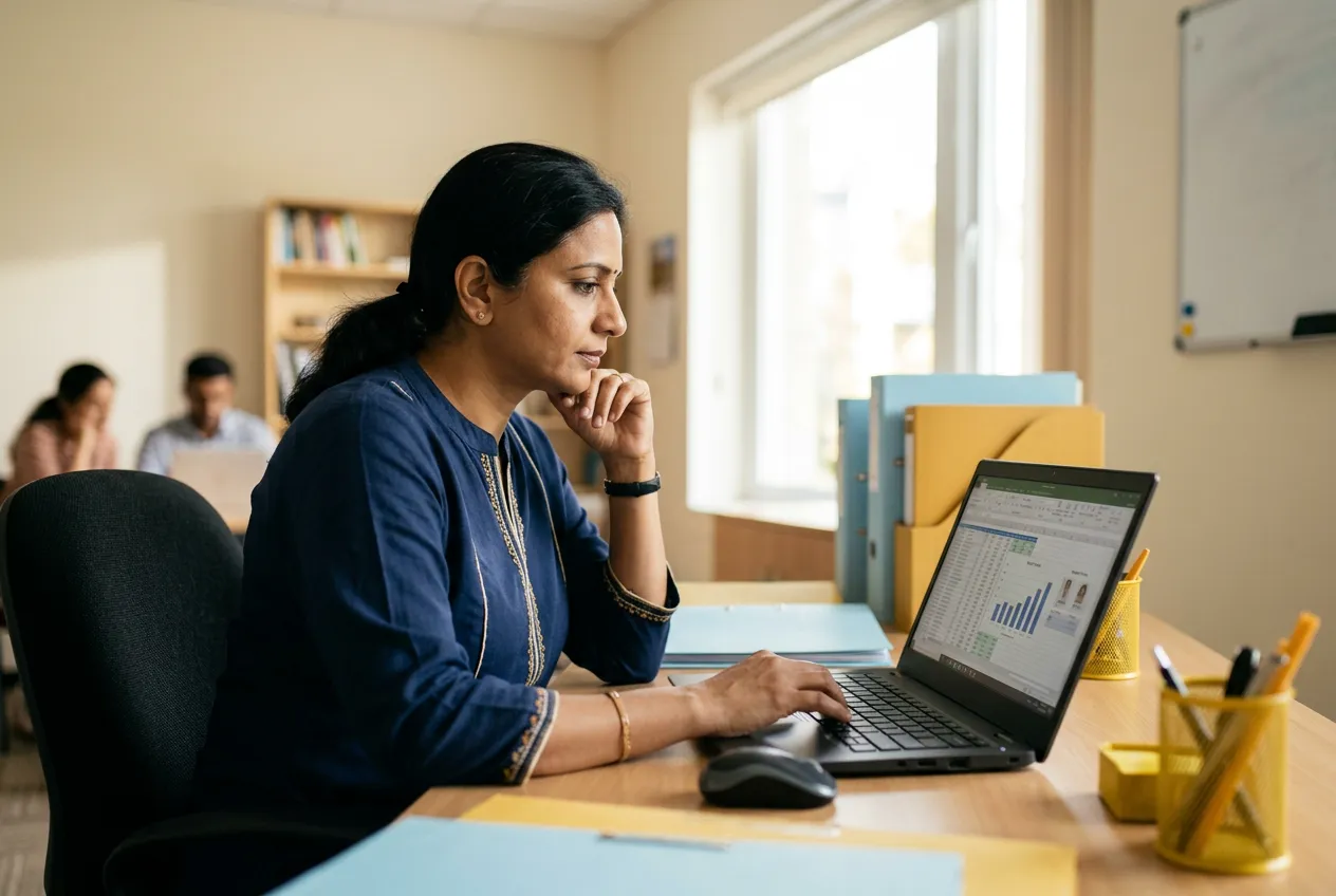 A school administrator reviewing successful hiring metrics on a laptop