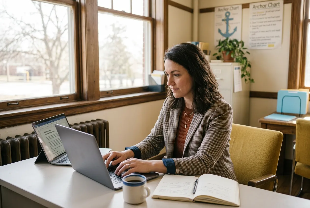 A school HR professional writing a job posting on a laptop at a desk