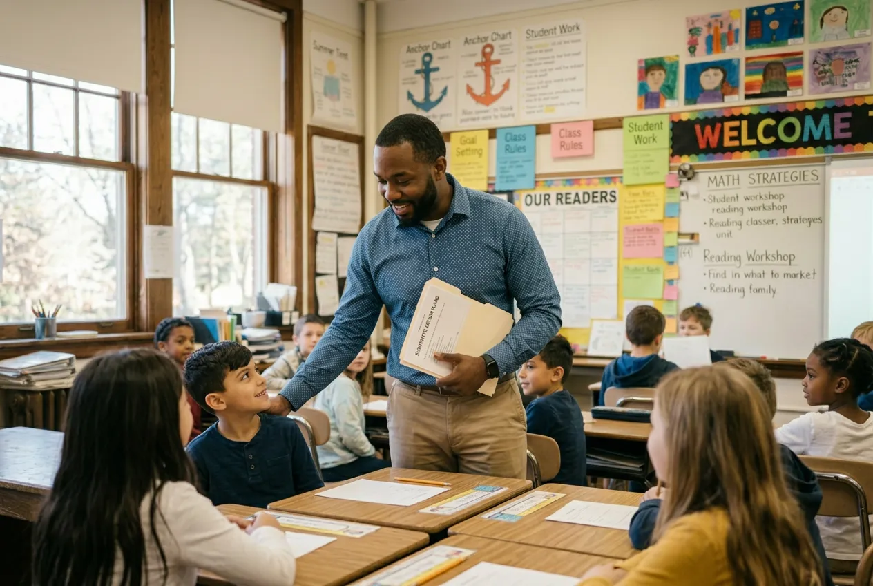 A substitute teacher arriving in a K-12 classroom and greeting students
