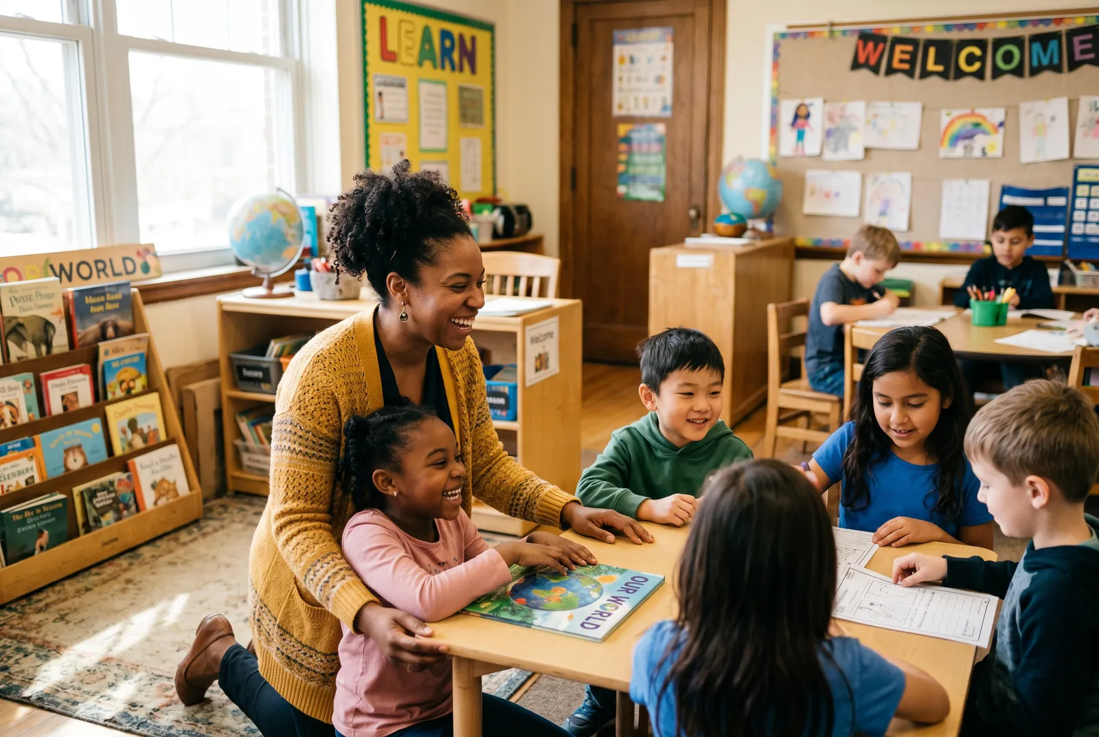 Teacher in a bright K-12 classroom
